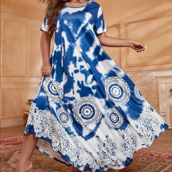 Boho Plus Size Tie Dye Tribal Print Umbrella Hem Maxi Dress - Picture 3 of 5